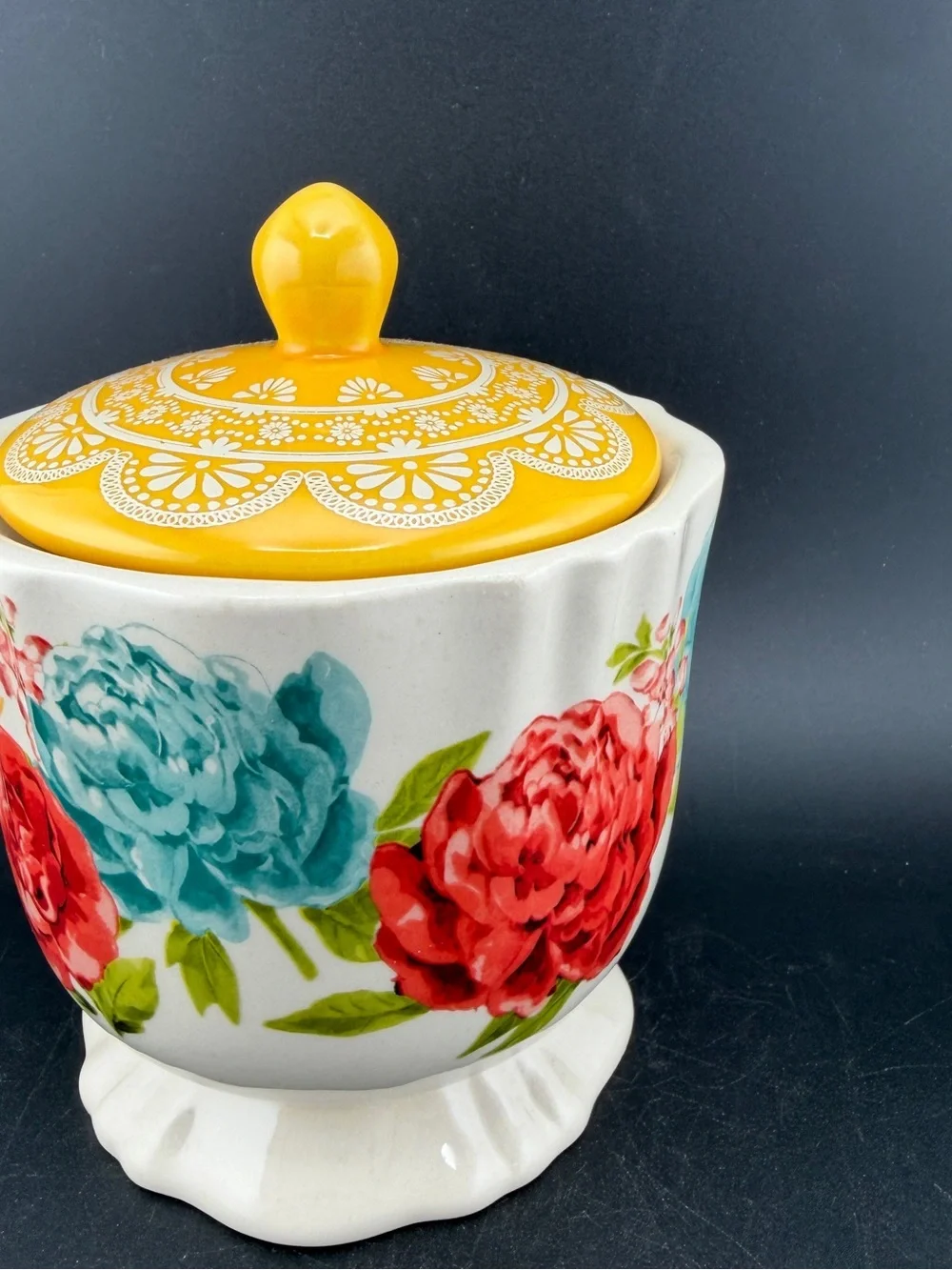 The Pioneer Woman Stoneware Sugar Bowl with Lid Floral Pattern Yellow White
